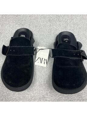 Zara Womens Suede Leather Slip On Clogs Buckled 38 Eur/ 7 US Black Minimalist